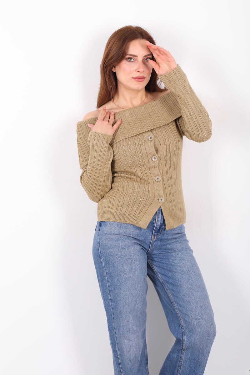 Madonna Yaka Düğmeli Kadın Haki Triko Kazak - 3