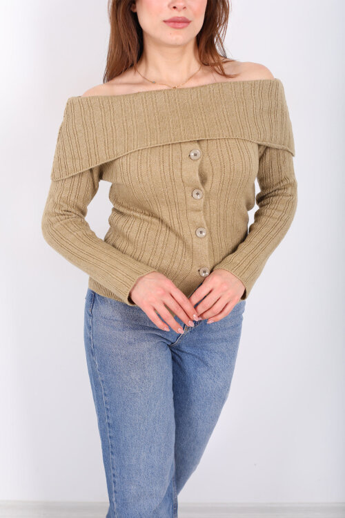 Madonna Yaka Düğmeli Kadın Haki Triko Kazak - 2