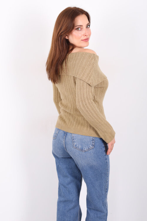 Madonna Yaka Düğmeli Kadın Haki Triko Kazak - 5