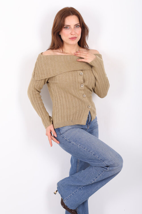 Madonna Yaka Düğmeli Kadın Haki Triko Kazak 