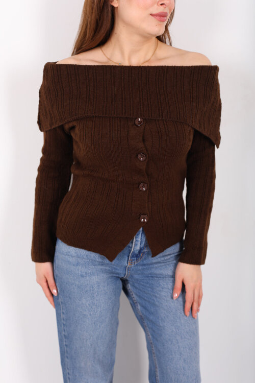 Madonna Yaka Düğmeli Kadın Kahverengi Triko Kazak - 2