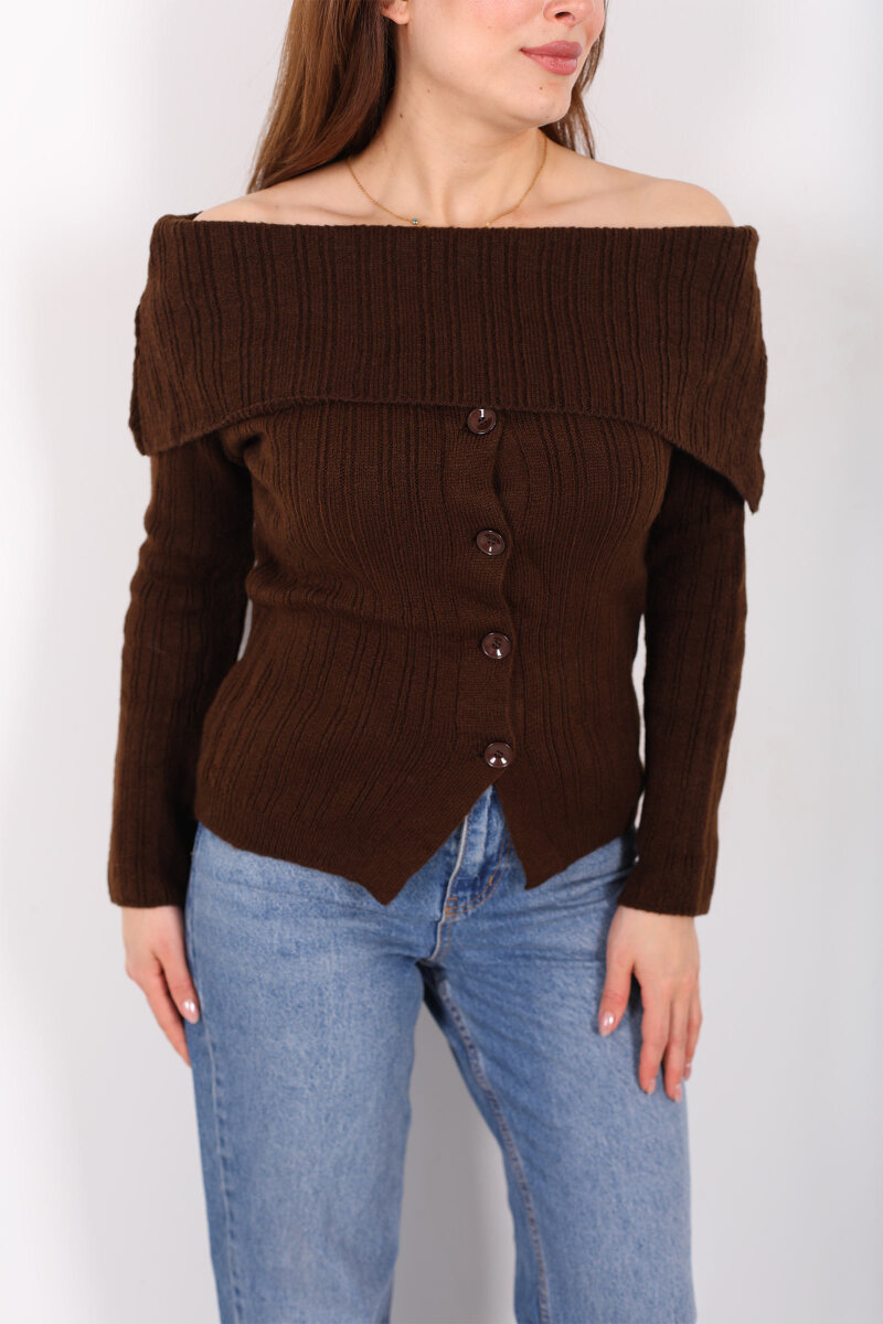 Madonna Yaka Düğmeli Kadın Kahverengi Triko Kazak - 2