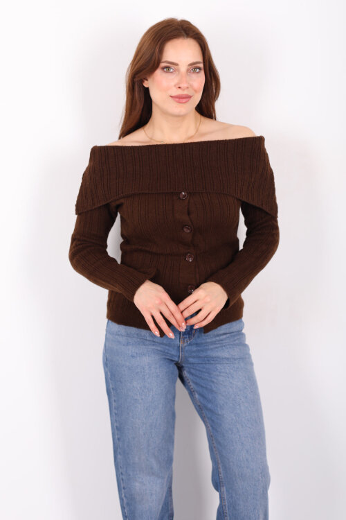 Madonna Yaka Düğmeli Kadın Kahverengi Triko Kazak - 4