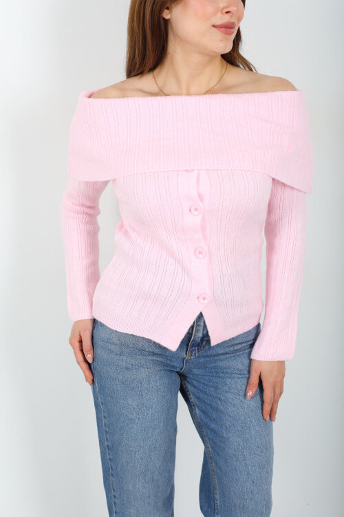 Madonna Yaka Düğmeli Kadın Pembe Triko Kazak - Berox (1)