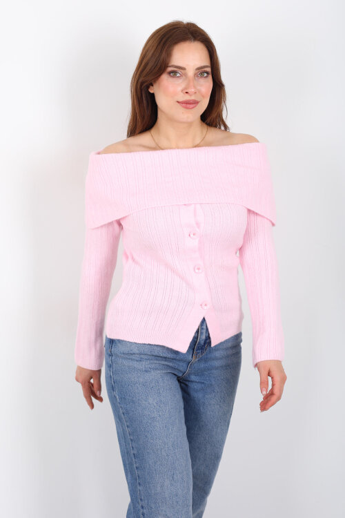 Madonna Yaka Düğmeli Kadın Pembe Triko Kazak - 6