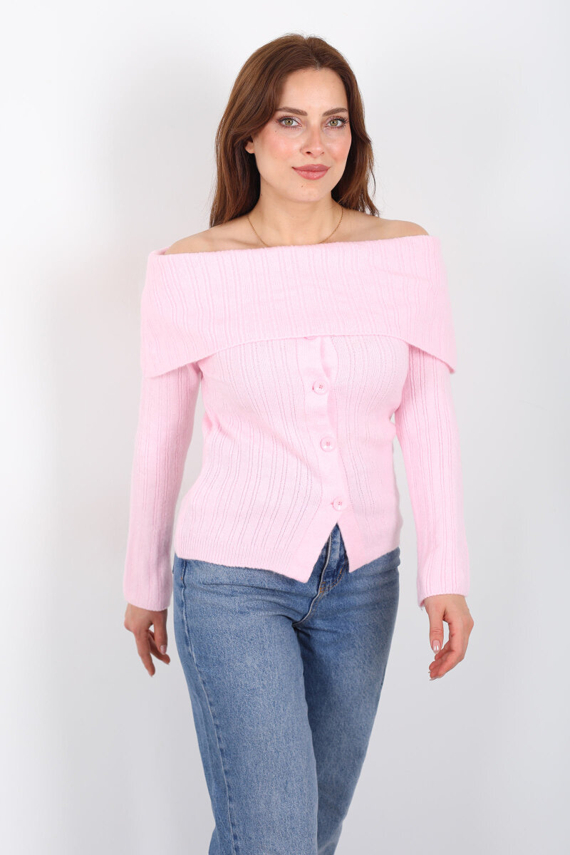 Madonna Yaka Düğmeli Kadın Pembe Triko Kazak - 6