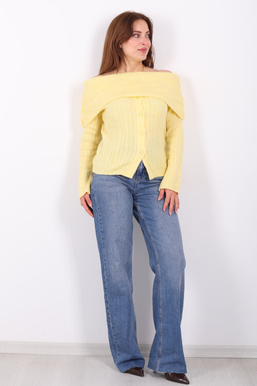 Madonna Yaka Düğmeli Kadın Sarı Triko Kazak - 3