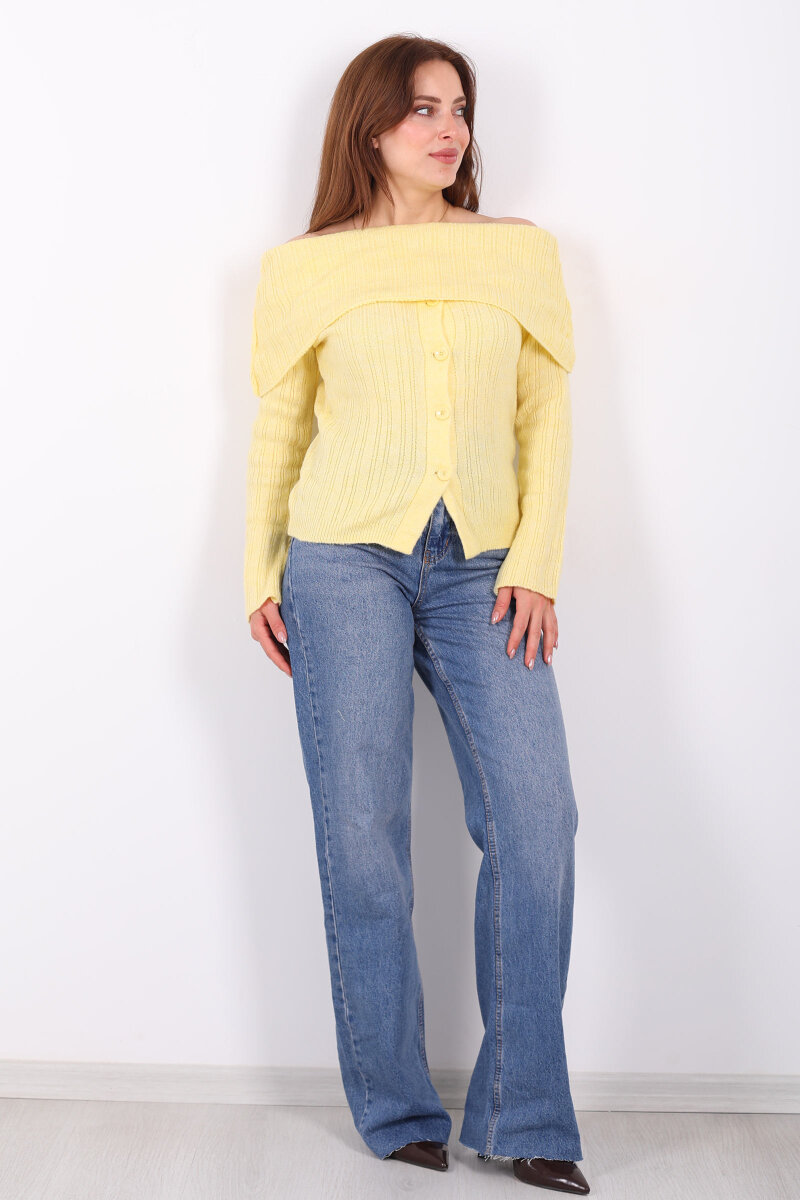 Madonna Yaka Düğmeli Kadın Sarı Triko Kazak - 3