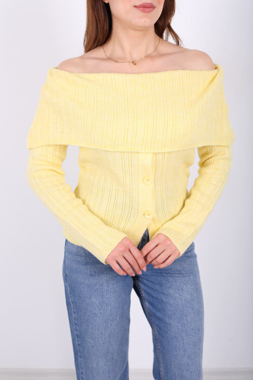 Madonna Yaka Düğmeli Kadın Sarı Triko Kazak - 2