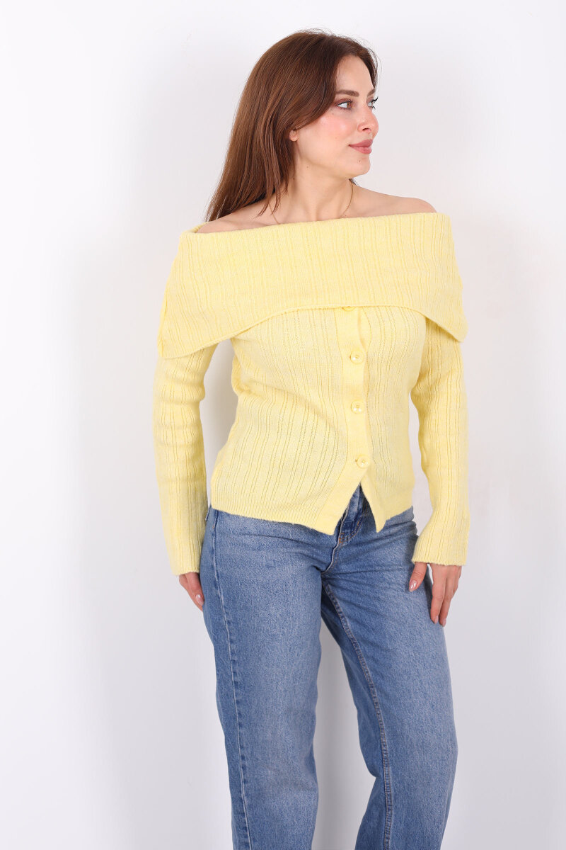 Madonna Yaka Düğmeli Kadın Sarı Triko Kazak - 6