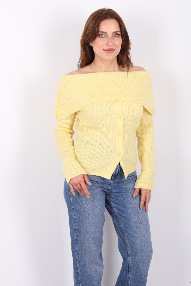 Madonna Yaka Düğmeli Kadın Sarı Triko Kazak - 4
