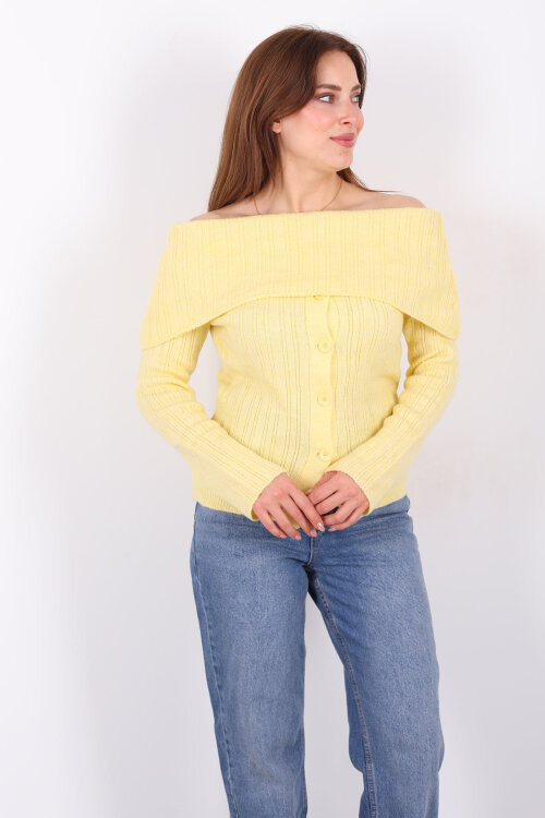 Madonna Yaka Düğmeli Kadın Sarı Triko Kazak 