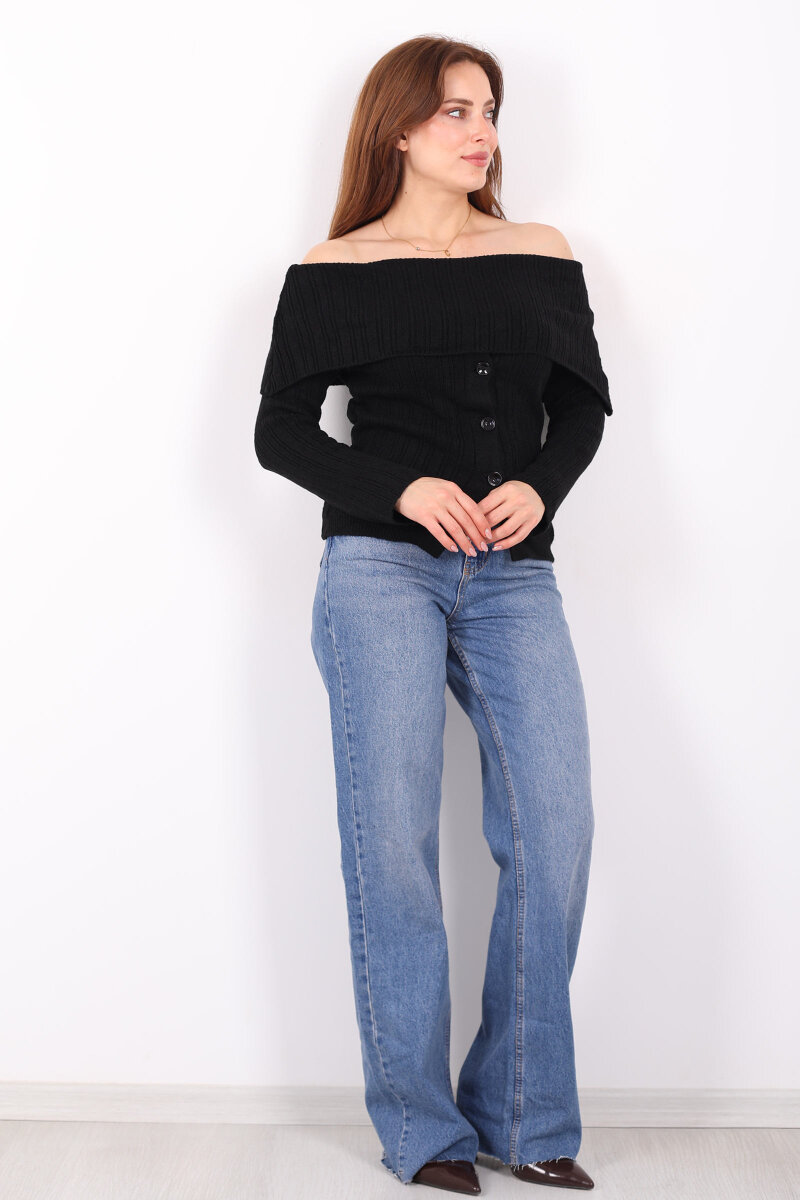 Madonna Yaka Düğmeli Kadın Siyah Triko Kazak - 1