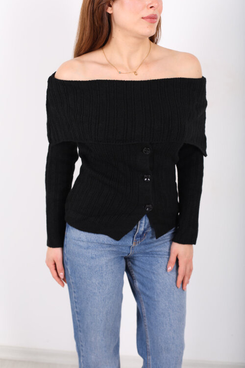 Madonna Yaka Düğmeli Kadın Siyah Triko Kazak - 2