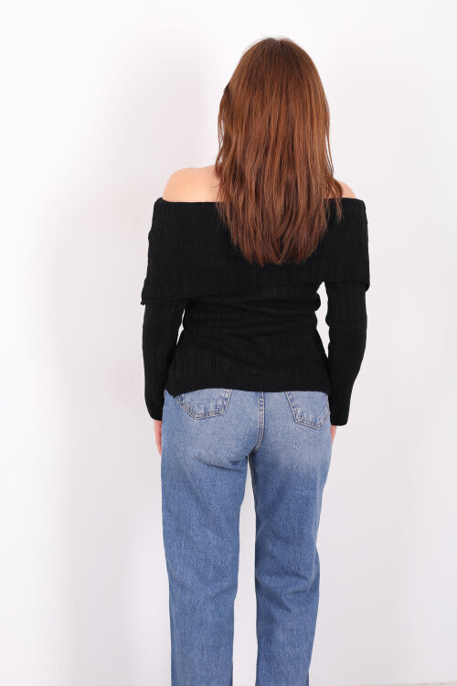 Madonna Yaka Düğmeli Kadın Siyah Triko Kazak - 5