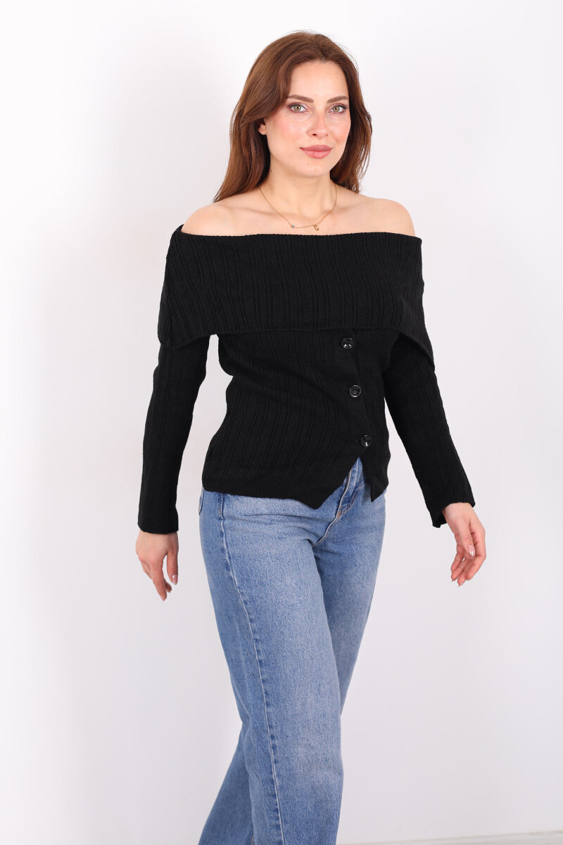 Madonna Yaka Düğmeli Kadın Siyah Triko Kazak - 4