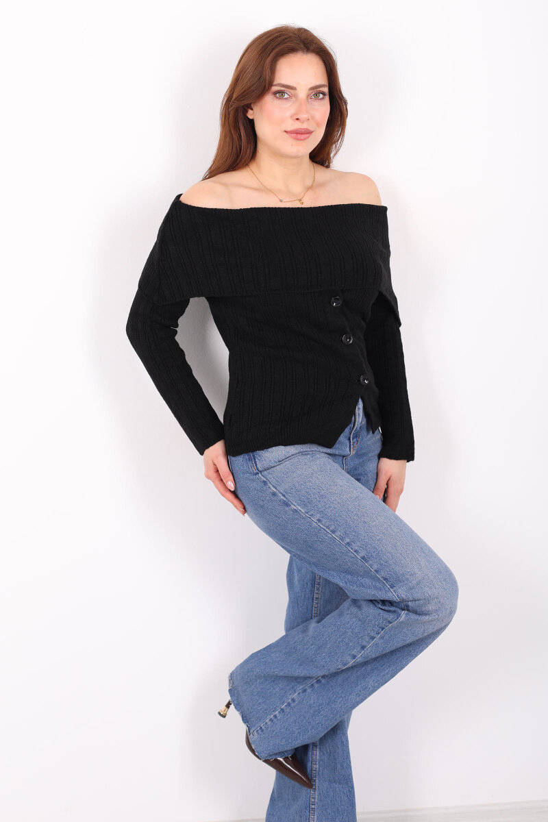 Madonna Yaka Düğmeli Kadın Siyah Triko Kazak - 3