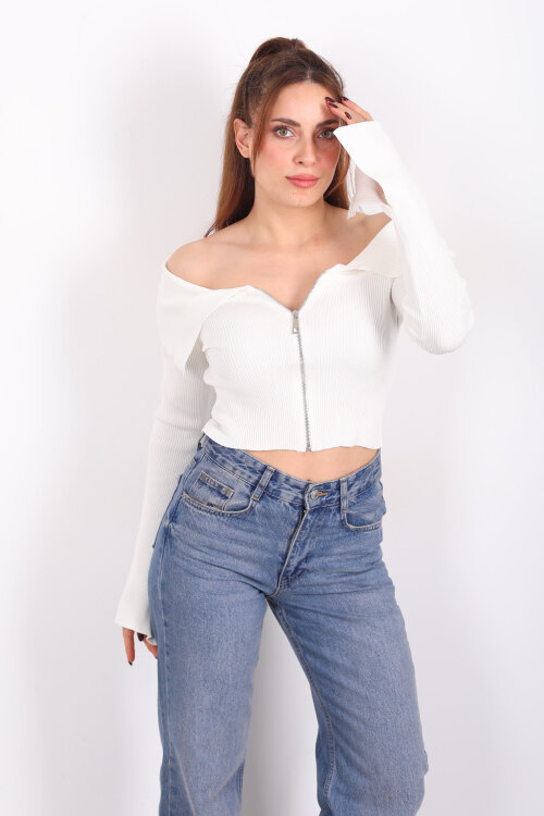 Madonna Yaka Fermuarlı Ekru Kadın İspanyol Kol Bluz - 5