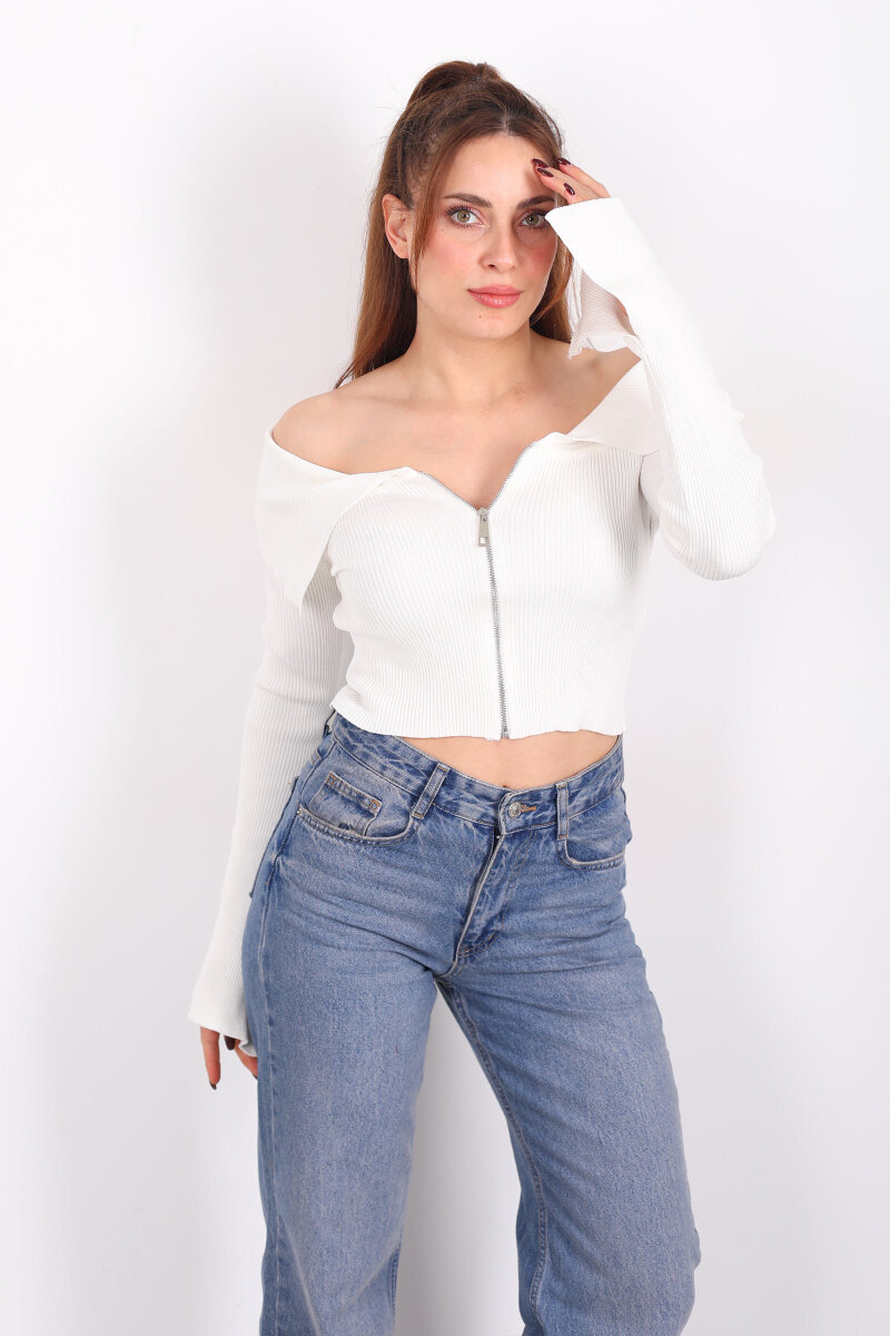 Madonna Yaka Fermuarlı Ekru Kadın İspanyol Kol Bluz - 5