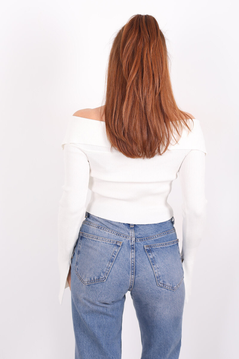 Madonna Yaka Fermuarlı Ekru Kadın İspanyol Kol Bluz - 4