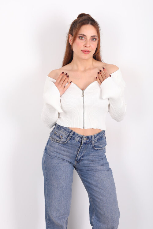 Madonna Yaka Fermuarlı Ekru Kadın İspanyol Kol Bluz - Berox