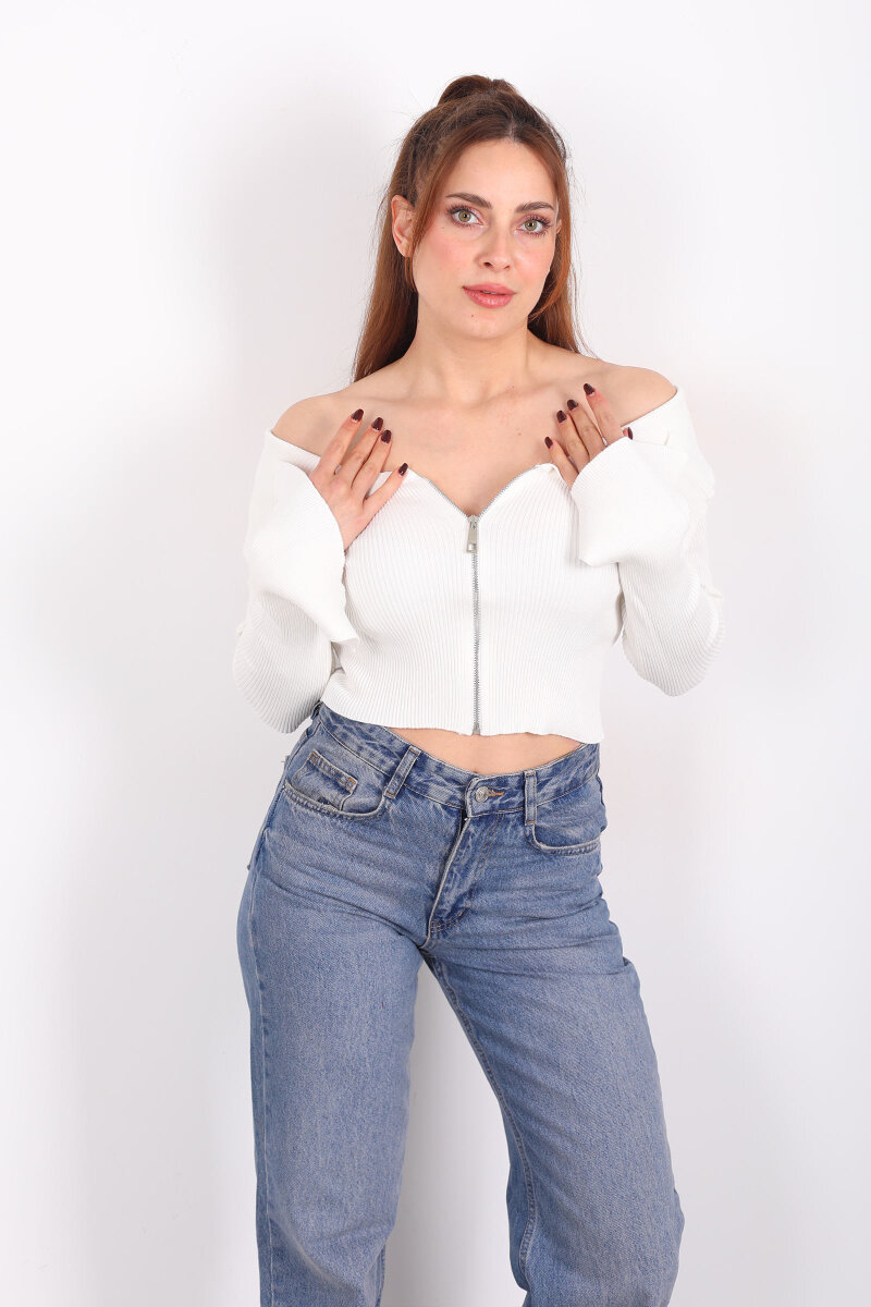 Madonna Yaka Fermuarlı Ekru Kadın İspanyol Kol Bluz - 1