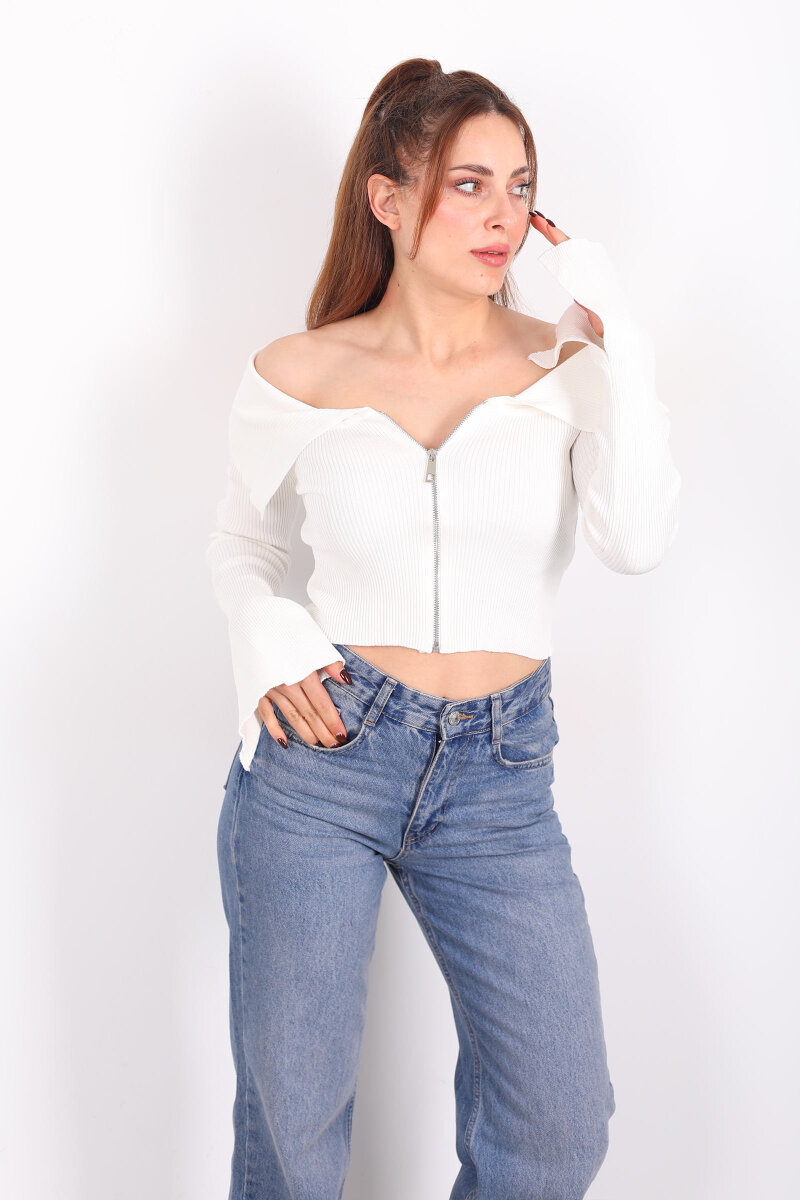 Madonna Yaka Fermuarlı Ekru Kadın İspanyol Kol Bluz - 3