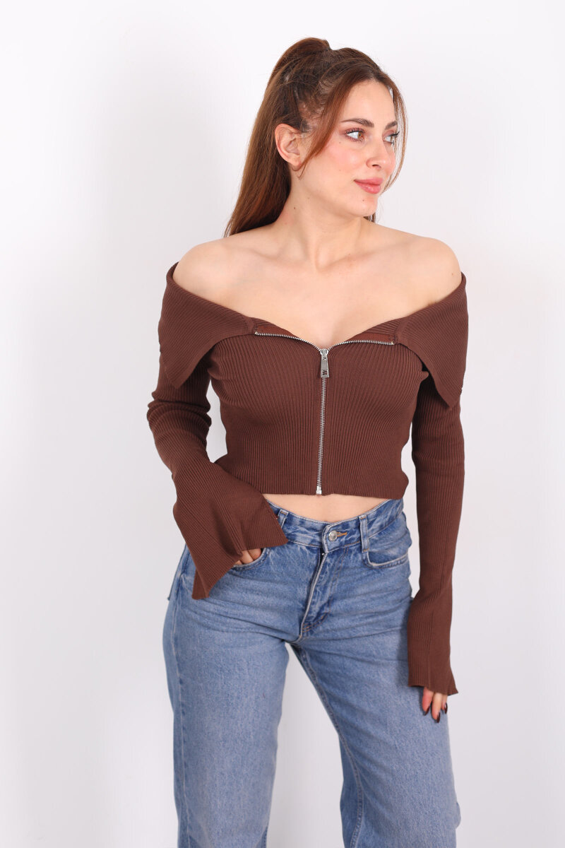 Madonna Yaka Fermuarlı Kahverengi Kadın İspanyol Kol Bluz - 5