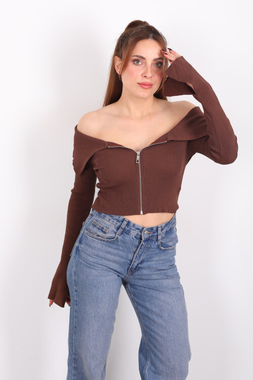 Madonna Yaka Fermuarlı Kahverengi Kadın İspanyol Kol Bluz - 3