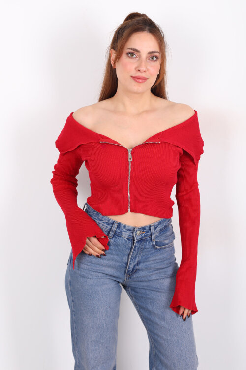 Madonna Yaka Fermuarlı Kırmızı Kadın İspanyol Kol Bluz - 6