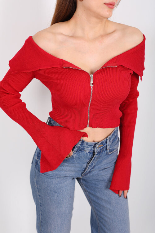 Madonna Yaka Fermuarlı Kırmızı Kadın İspanyol Kol Bluz - Berox (1)