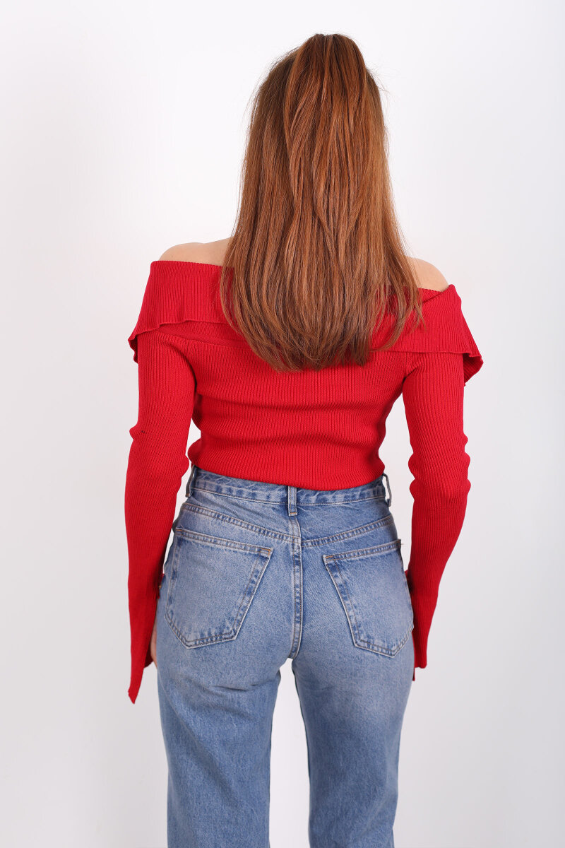 Madonna Yaka Fermuarlı Kırmızı Kadın İspanyol Kol Bluz - 5