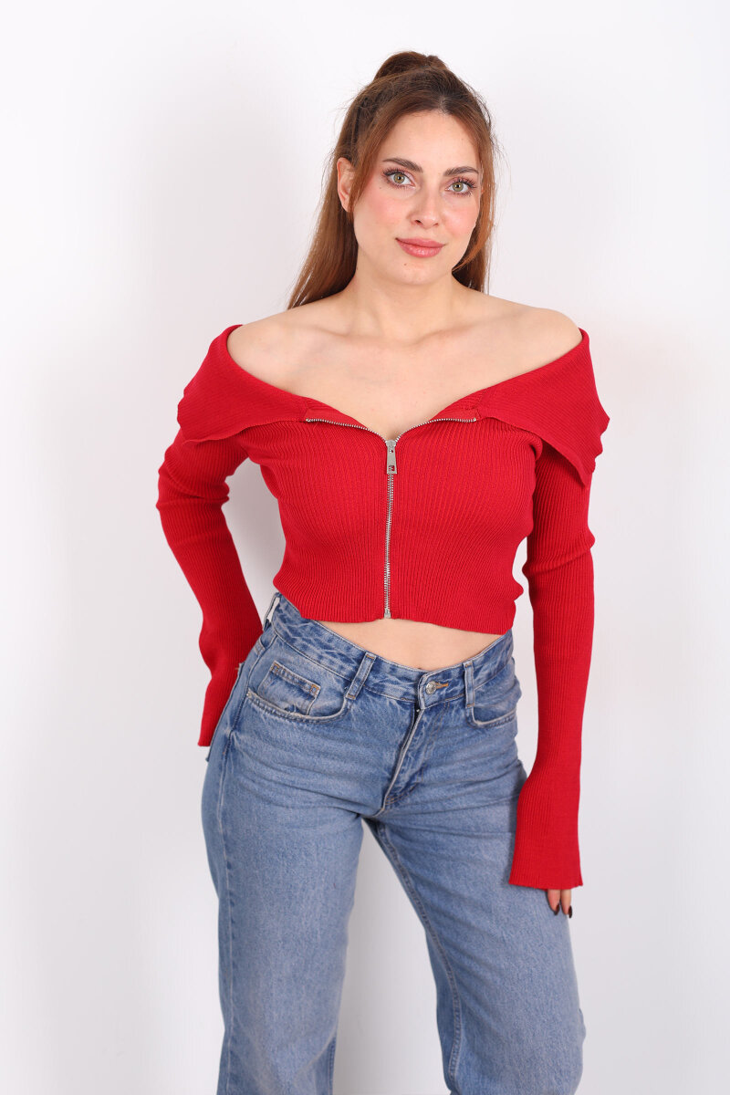 Madonna Yaka Fermuarlı Kırmızı Kadın İspanyol Kol Bluz - 4