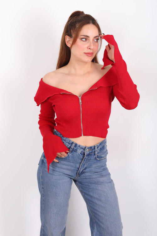 Madonna Yaka Fermuarlı Kırmızı Kadın İspanyol Kol Bluz - Berox