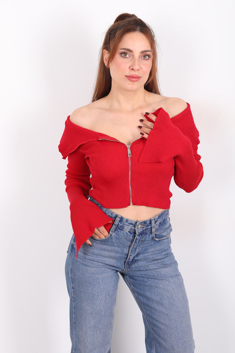 Madonna Yaka Fermuarlı Kırmızı Kadın İspanyol Kol Bluz - 3