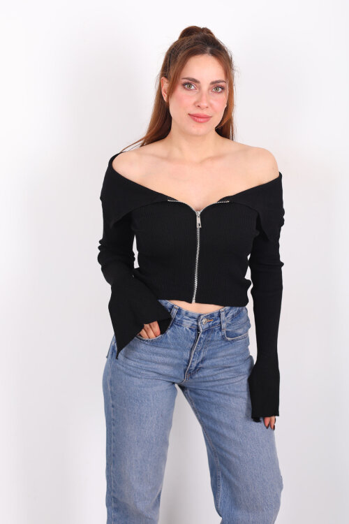 Madonna Yaka Fermuarlı Siyah Kadın İspanyol Kol Bluz - 6