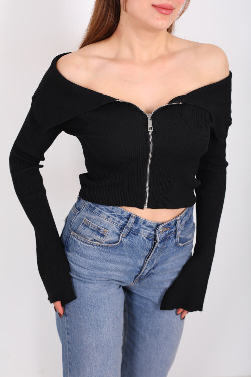 Madonna Yaka Fermuarlı Siyah Kadın İspanyol Kol Bluz - Berox (1)