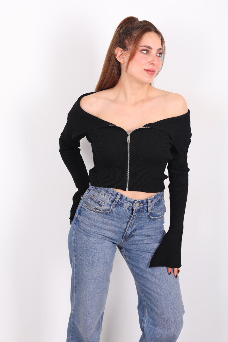 Madonna Yaka Fermuarlı Siyah Kadın İspanyol Kol Bluz - 1