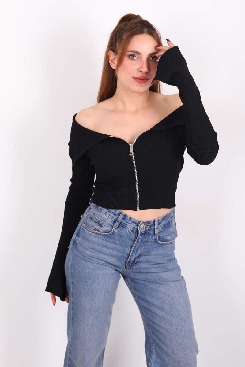 Madonna Yaka Fermuarlı Siyah Kadın İspanyol Kol Bluz - 4