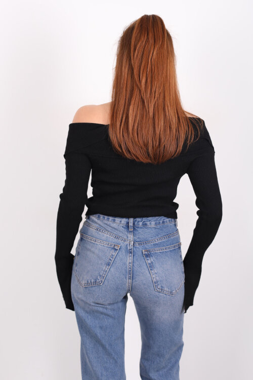 Madonna Yaka Fermuarlı Siyah Kadın İspanyol Kol Bluz - 5