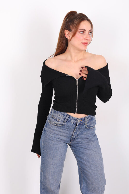 Madonna Yaka Fermuarlı Siyah Kadın İspanyol Kol Bluz - 3