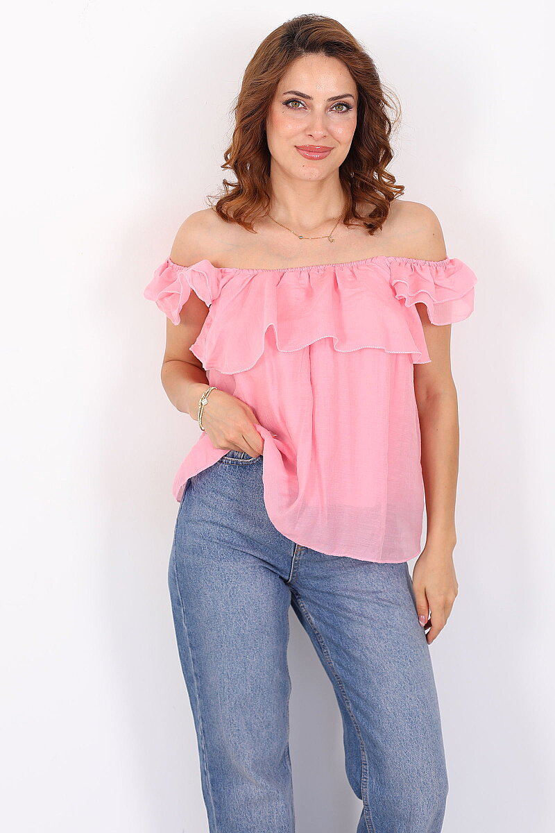 Madonna Yaka Fırfırlı Dökümlü Pembe Kadın Bluz - 3