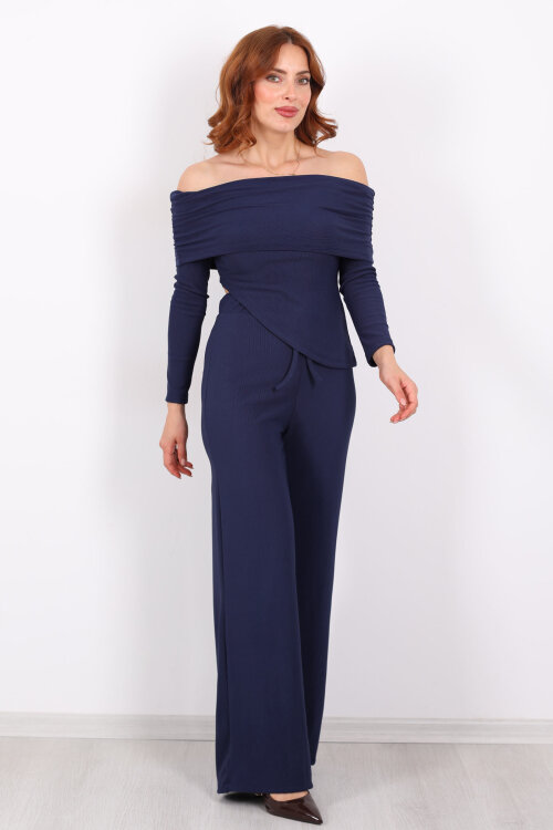 Madonna Yaka Fitilli Asimetrik Lacivert Kadın Takım - 5