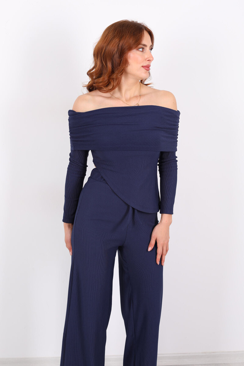 Madonna Yaka Fitilli Asimetrik Lacivert Kadın Takım - 4