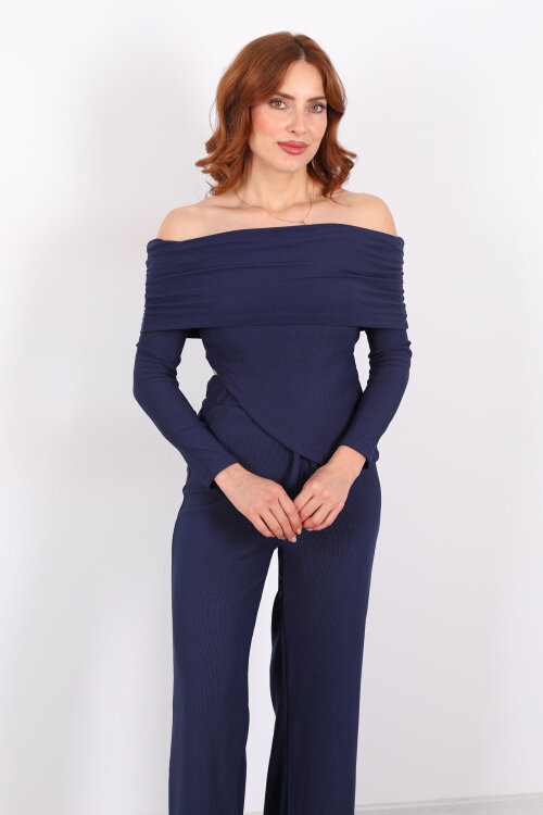 Madonna Yaka Fitilli Asimetrik Lacivert Kadın Takım - Berox