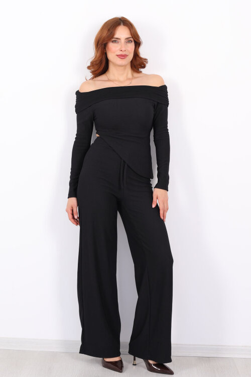 Madonna Yaka Fitilli Asimetrik Siyah Kadın Takım - 7