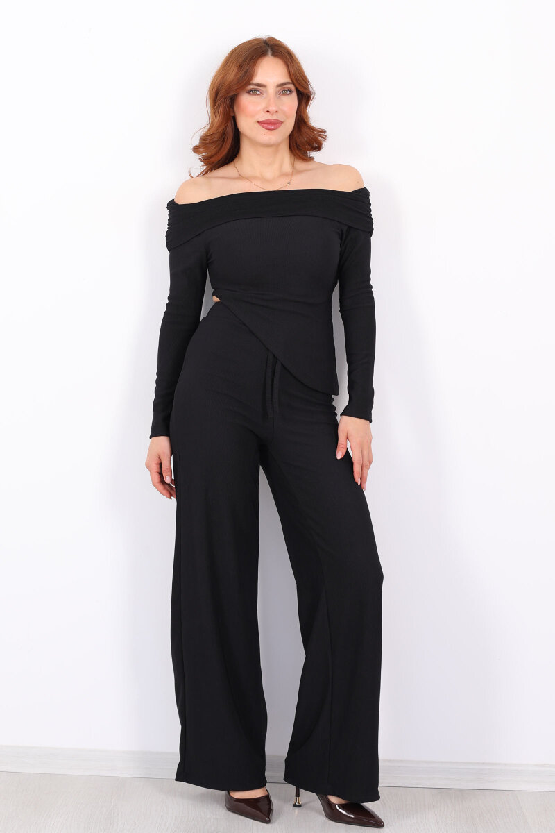 Madonna Yaka Fitilli Asimetrik Siyah Kadın Takım - 7