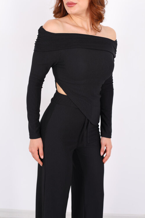 Madonna Yaka Fitilli Asimetrik Siyah Kadın Takım - Berox (1)