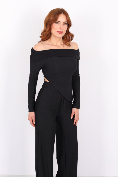 Madonna Yaka Fitilli Asimetrik Siyah Kadın Takım - 3