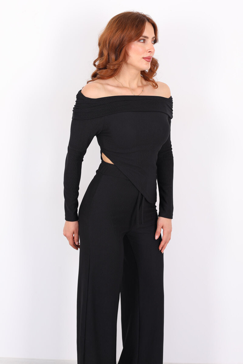 Madonna Yaka Fitilli Asimetrik Siyah Kadın Takım - 5